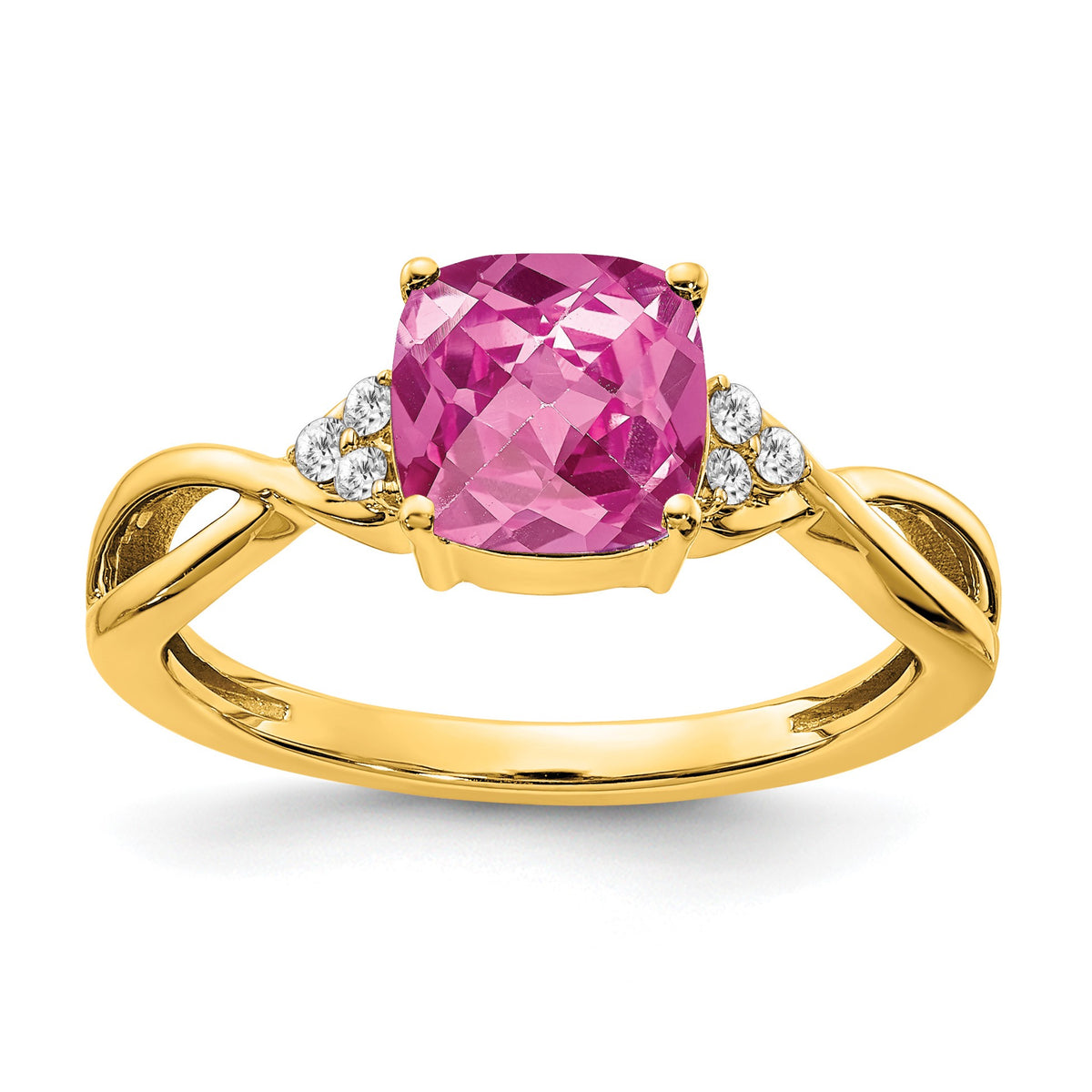 14k 7mm Cushion Checkerboard October/Lab Created Pink Sapphire and Diamond Ring