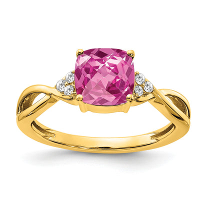 14k 7mm Cushion Checkerboard October/Lab Created Pink Sapphire and Diamond Ring