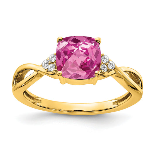 14k 7mm Cushion Checkerboard October/Lab Created Pink Sapphire and Diamond Ring