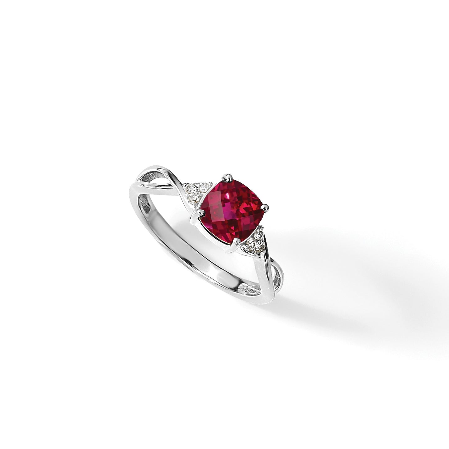 14k White Gold 7mm Cushion Checkerboard July/Lab Created Ruby and Diamond Ring