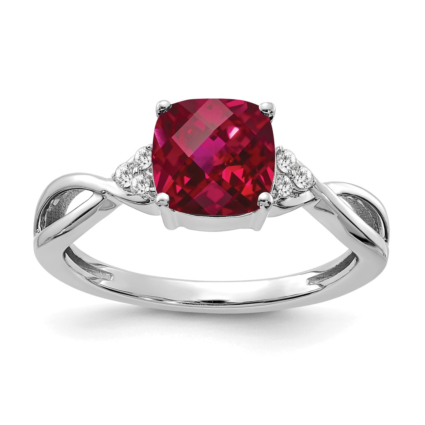 14k White Gold 7mm Cushion Checkerboard July/Lab Created Ruby and Diamond Ring