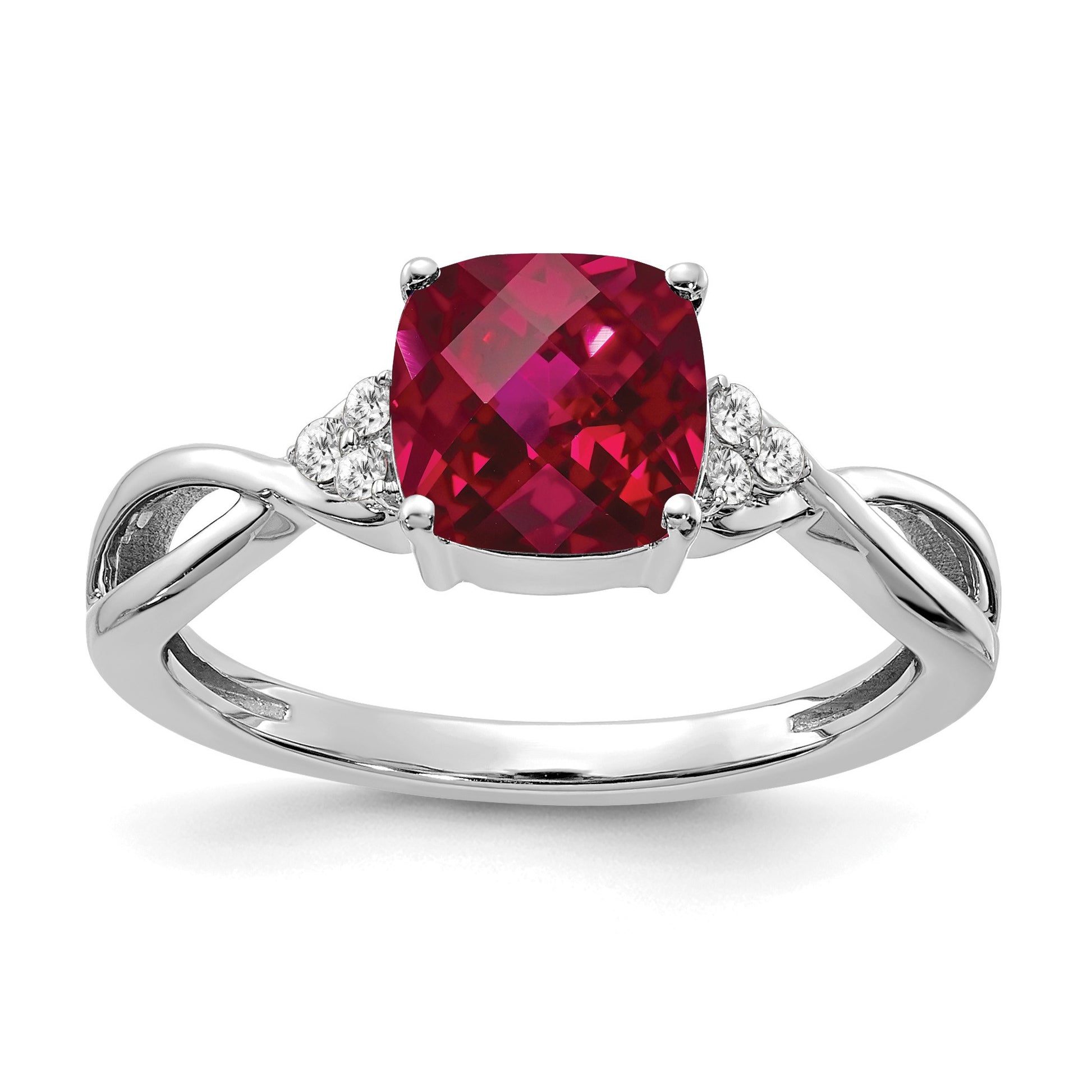 14k White Gold 7mm Cushion Checkerboard July/Lab Created Ruby and Diamond Ring