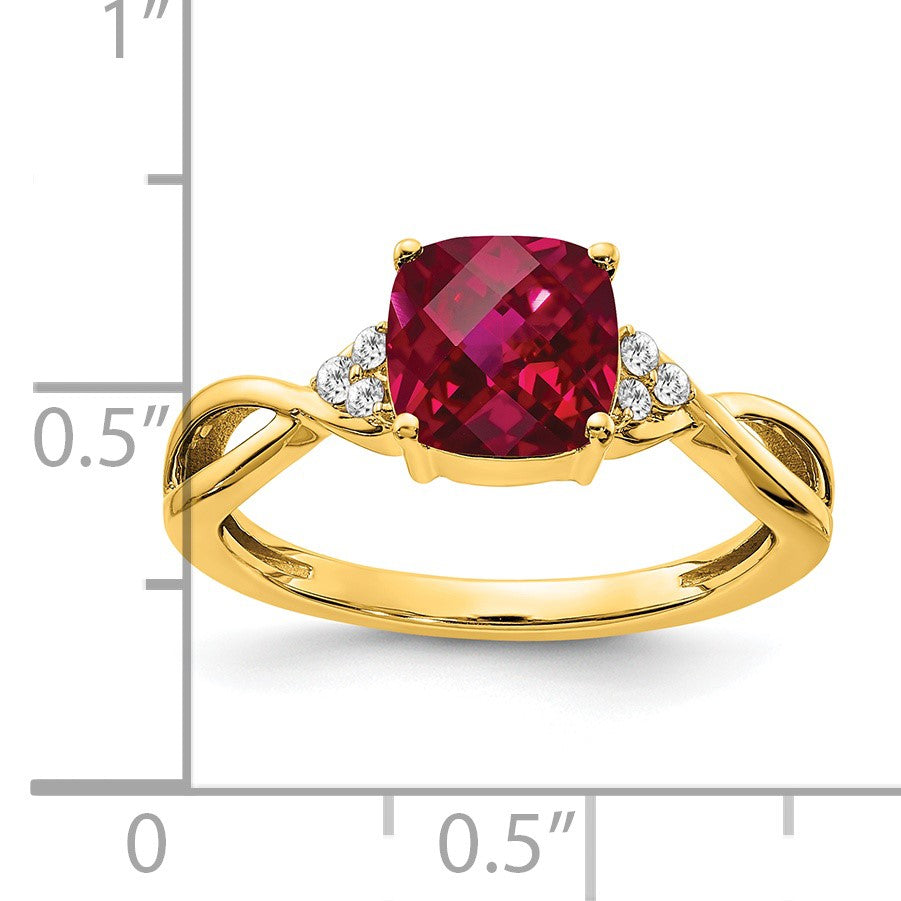 14k 7mm Cushion Checkerboard July/Lab Created Ruby and Diamond Ring