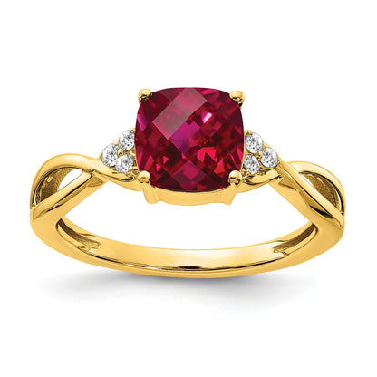 14k 7mm Cushion Checkerboard July/Lab Created Ruby and Diamond Ring