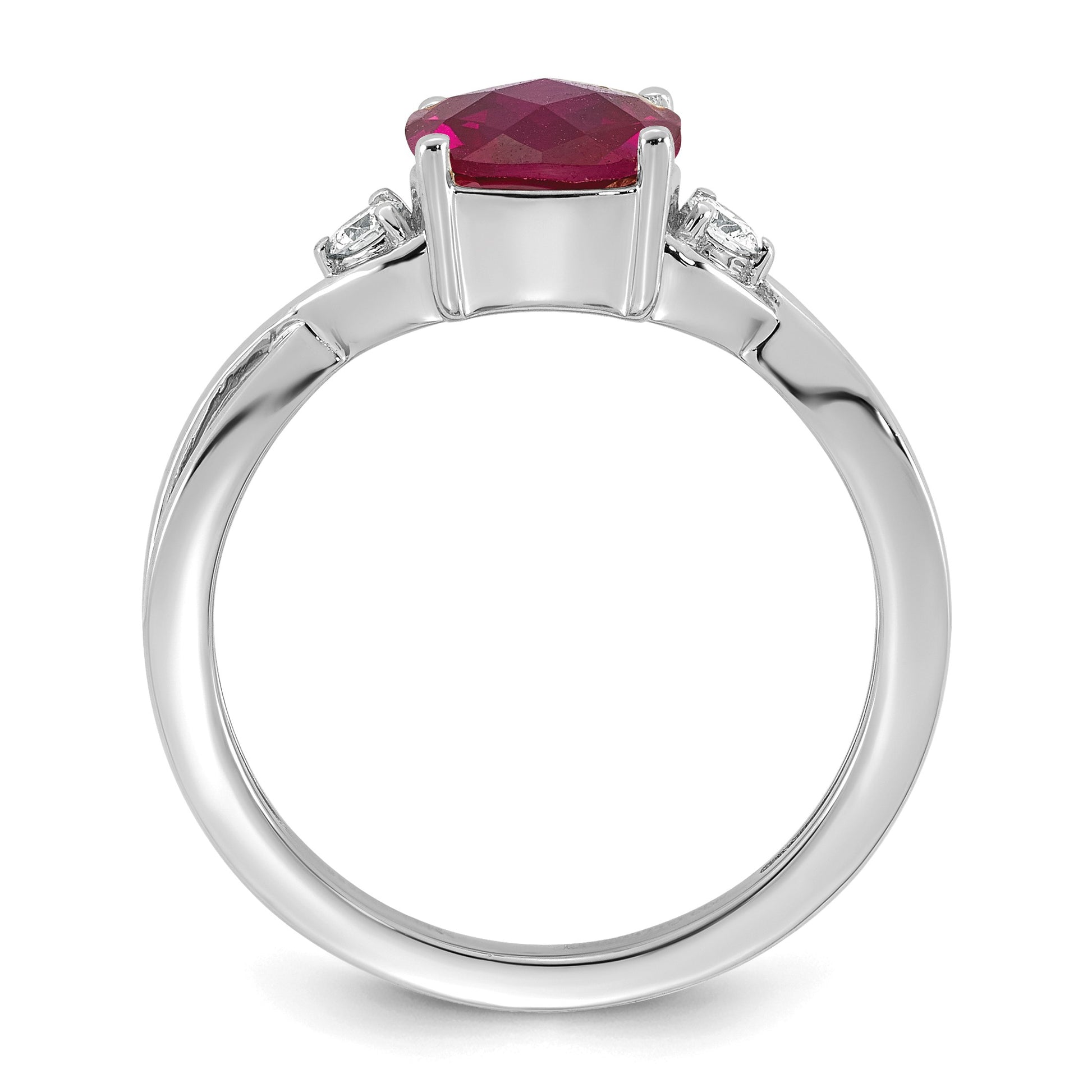 14k White Gold Checkerboard Lab Created Ruby & 1/10 carat Lab Grown Diamond VS/SI+ G+ July Birthstone Complete Ring