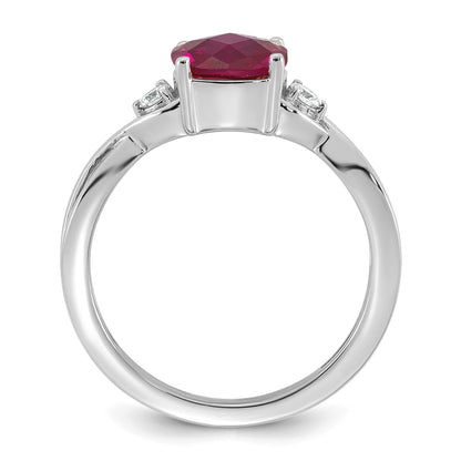 14k White Gold Checkerboard Lab Created Ruby & 1/10 carat Lab Grown Diamond VS/SI+ G+ July Birthstone Complete Ring