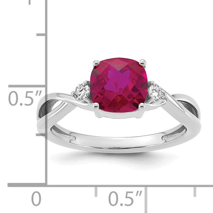 14k White Gold Checkerboard Lab Created Ruby & 1/10 carat Lab Grown Diamond VS/SI+ G+ July Birthstone Complete Ring