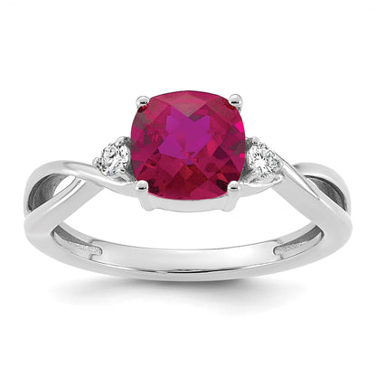 14k White Gold Checkerboard Lab Created Ruby & 1/10 carat Lab Grown Diamond VS/SI+ G+ July Birthstone Complete Ring