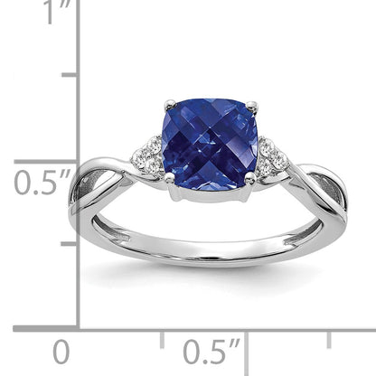 14k White Gold 7mm Cushion Checkerboard September/Lab Created Sapphire and Diamond Ring