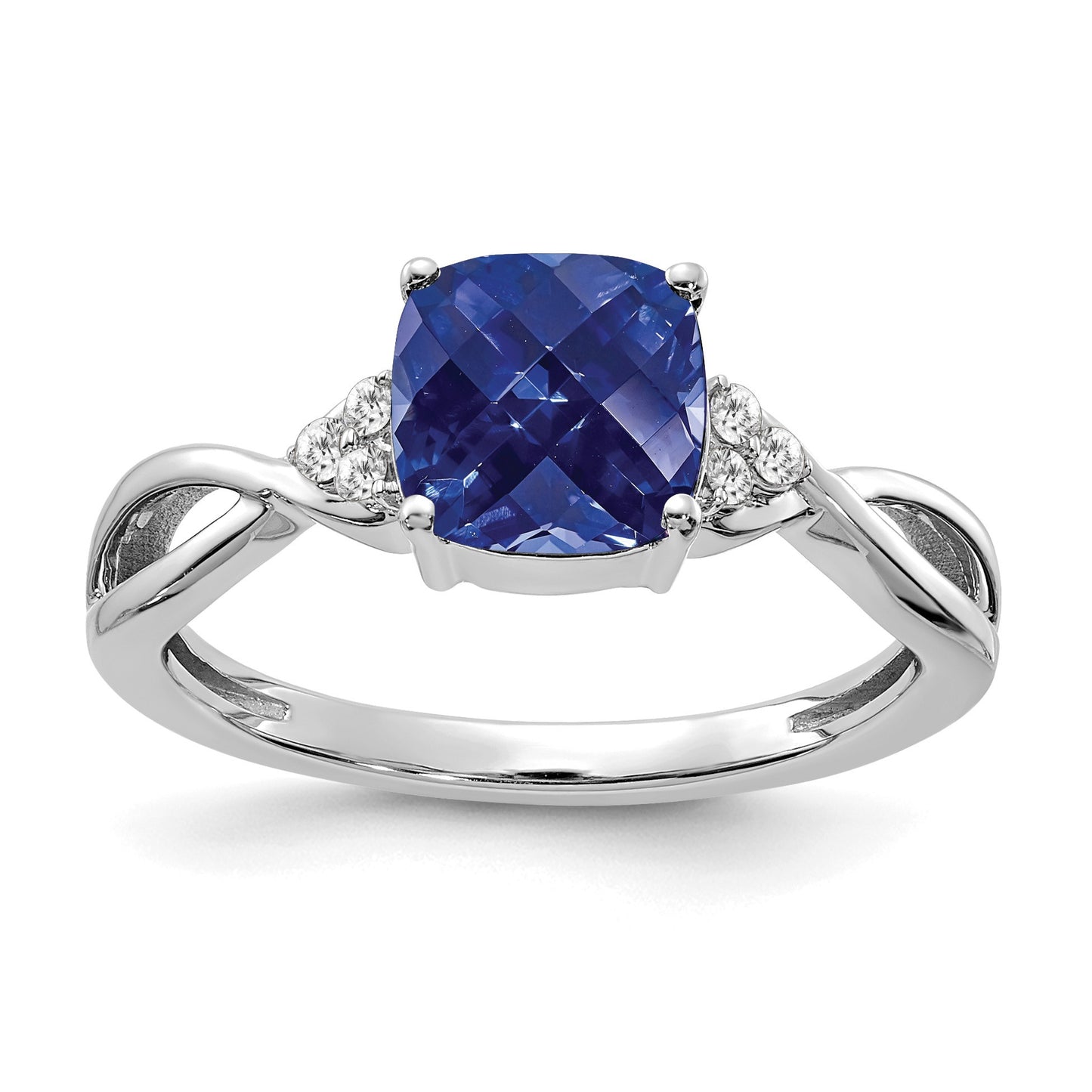14k White Gold 7mm Cushion Checkerboard September/Lab Created Sapphire and Diamond Ring