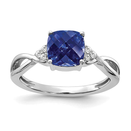 14k White Gold 7mm Cushion Checkerboard September/Lab Created Sapphire and Diamond Ring