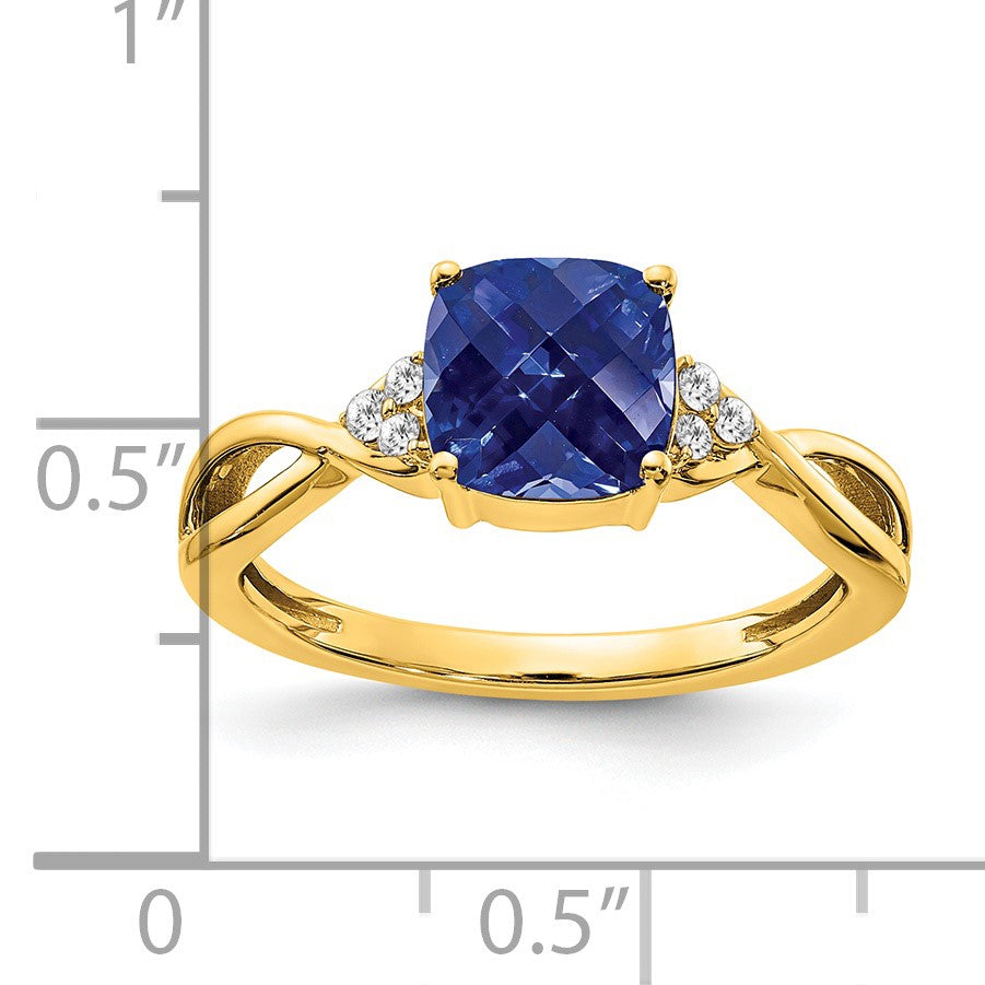 14k 7mm Cushion Checkerboard September/Lab Created Sapphire and Diamond Ring