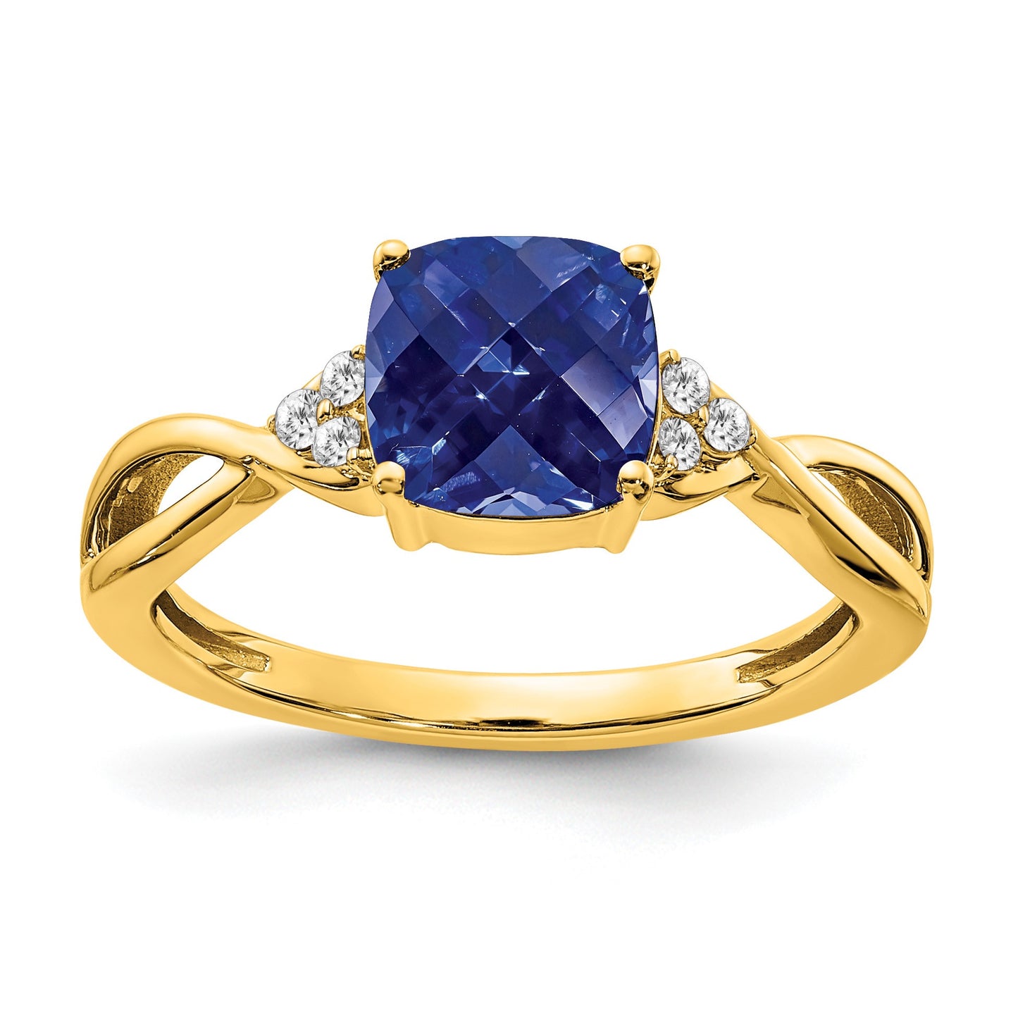 14k 7mm Cushion Checkerboard September/Lab Created Sapphire and Diamond Ring