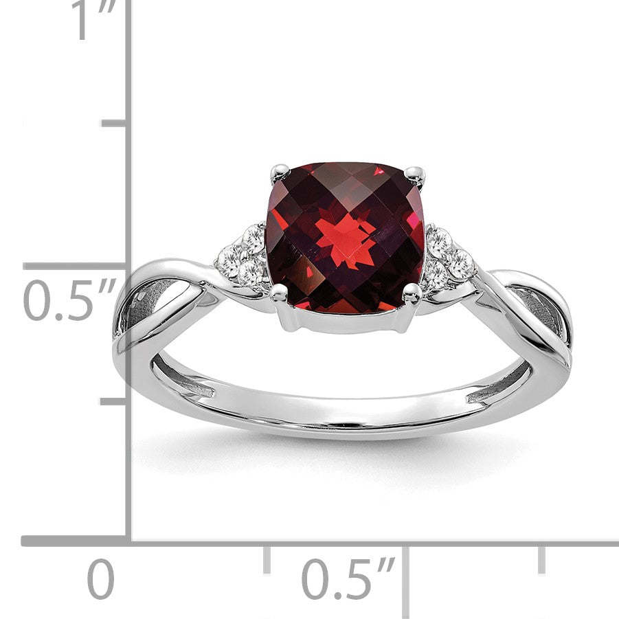 14k White Gold 7mm Cushion Checkerboard January/Garnet and Diamond Ring