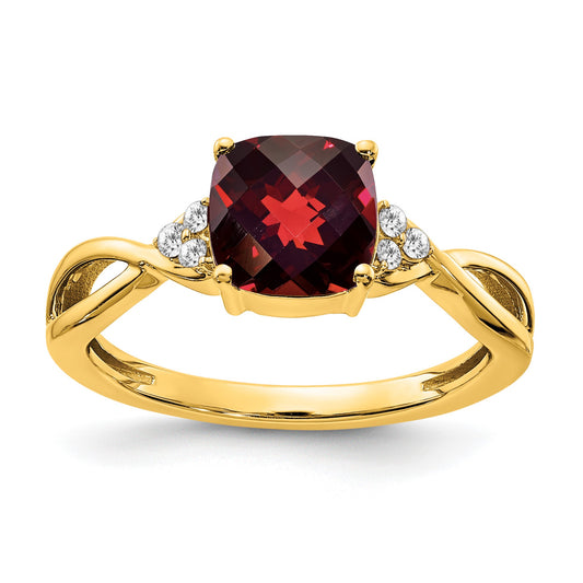 14k 7mm Cushion Checkerboard January/Garnet and Diamond Ring