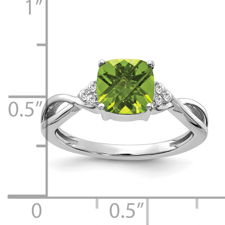 14k White Gold 7mm Cushion Checkerboard August/Peridot and Diamond Ring