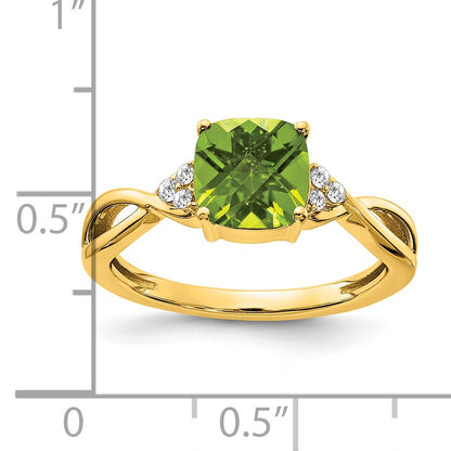 14k 7mm Cushion Checkerboard August/Peridot and Diamond Ring