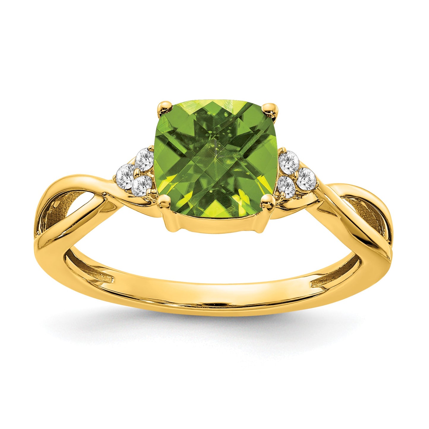 14k 7mm Cushion Checkerboard August/Peridot and Diamond Ring