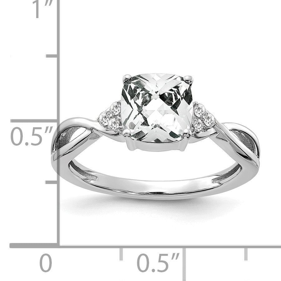 14k White Gold 7mm Cushion Checkerboard April/White Topaz and Diamond Ring