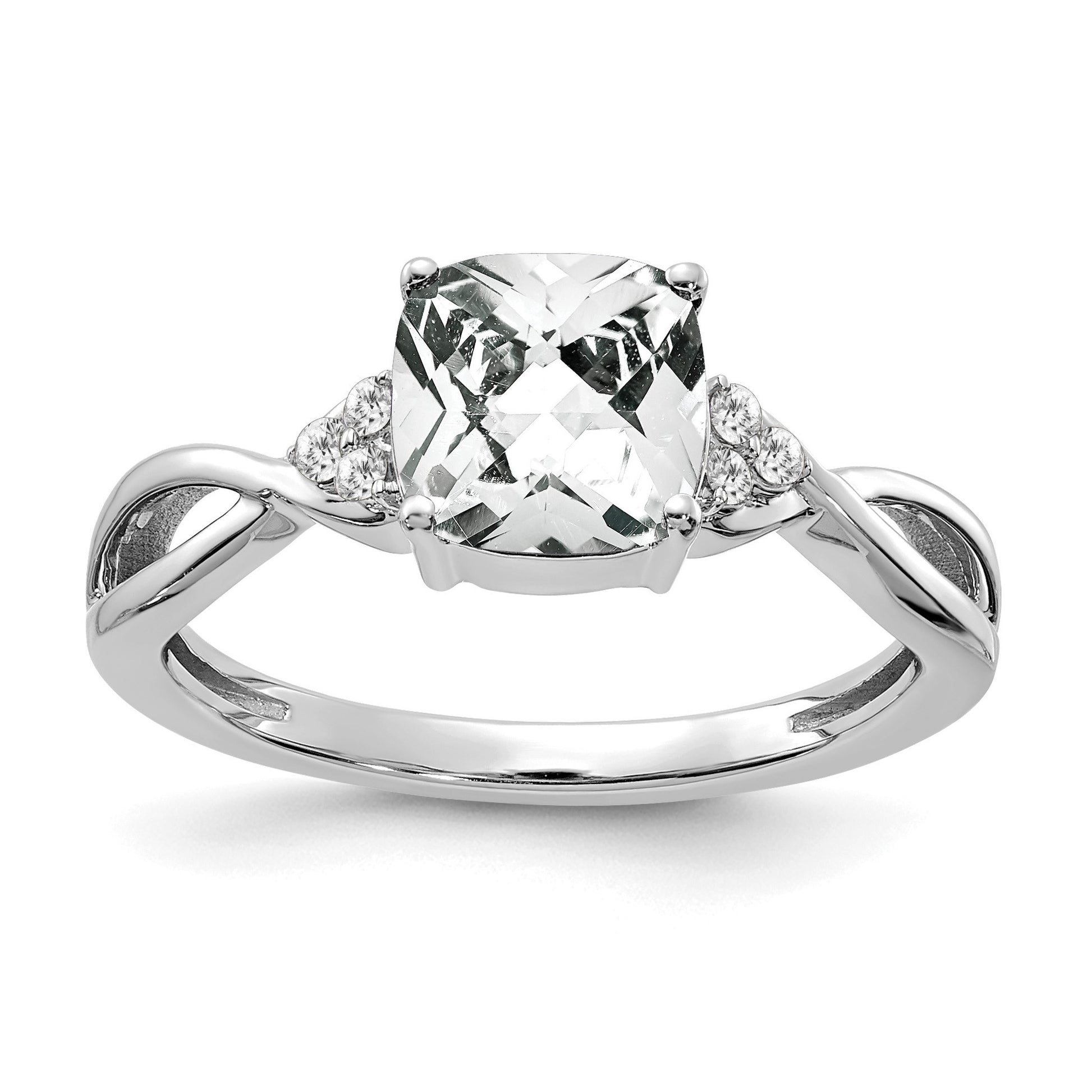 14k White Gold 7mm Cushion Checkerboard April/White Topaz and Diamond Ring