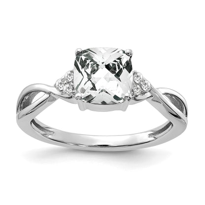 14k White Gold 7mm Cushion Checkerboard April/White Topaz and Diamond Ring