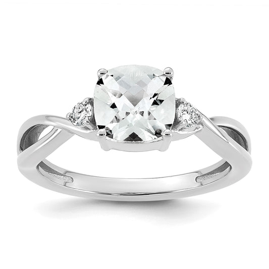 14k White Gold Checkerboard White Topaz & 1/10 carat Lab Grown Diamond VS/SI+ G+ April Birthstone Complete Ring