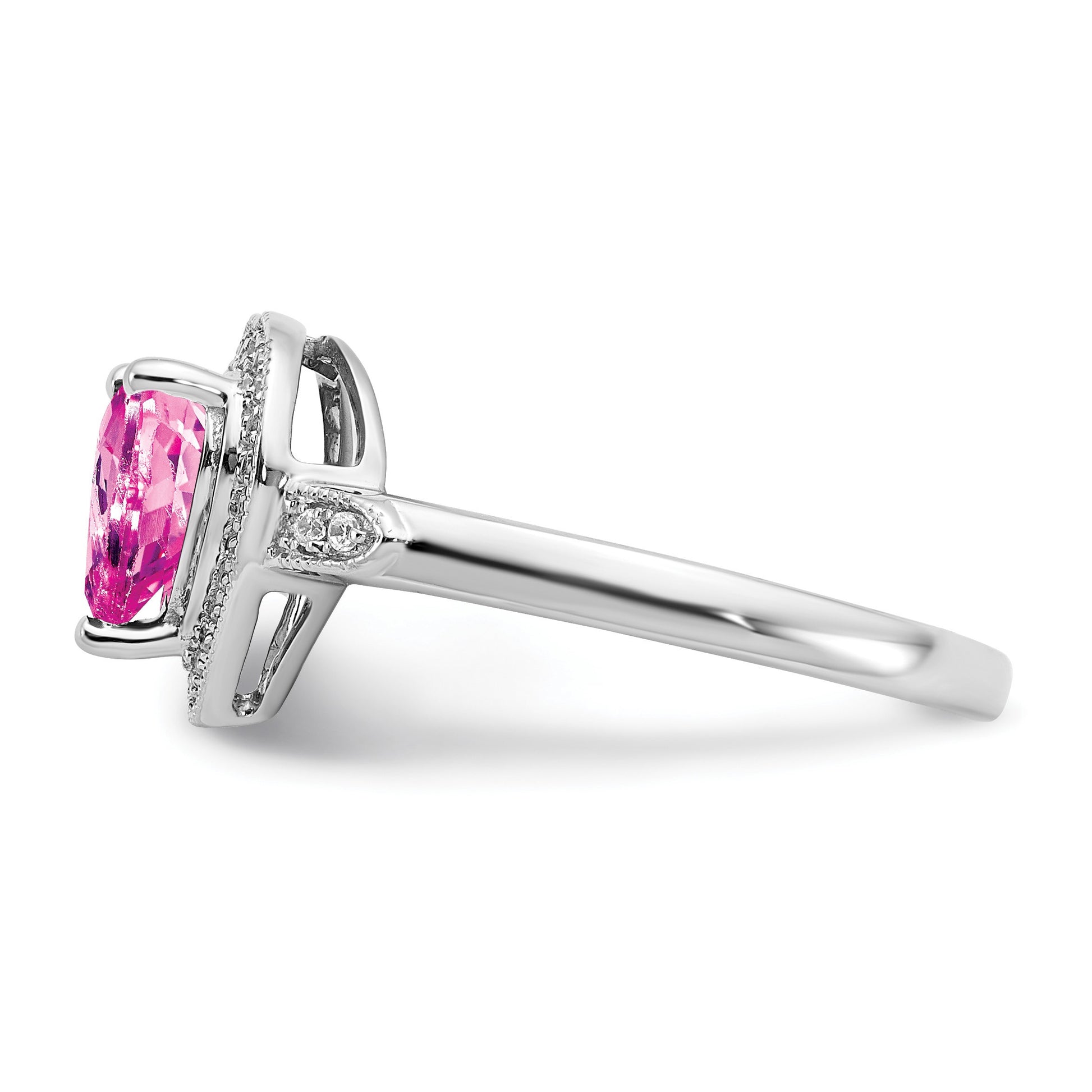 14k White Gold 7mm Heart Lab-Created Pink Sapphire and 1/8 carat Diamond Halo Ring