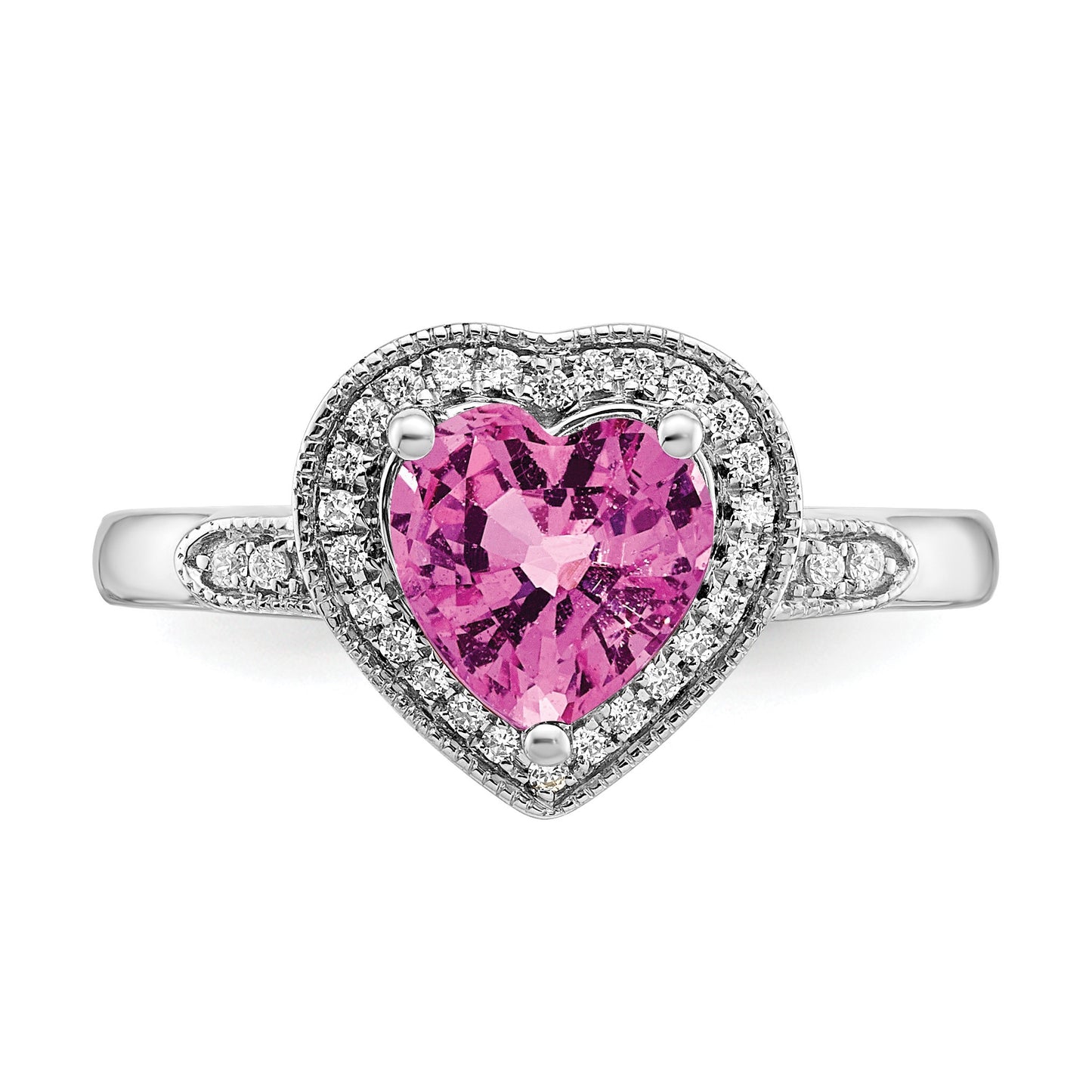 14k White Gold 7mm Heart Lab-Created Pink Sapphire and 1/8 carat Diamond Halo Ring