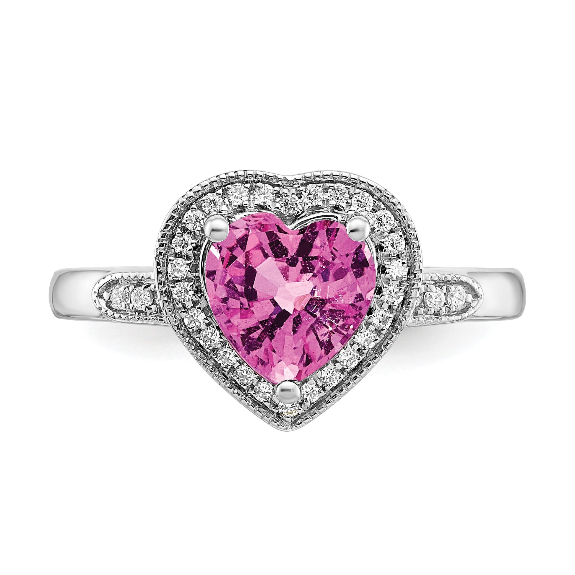 14k White Gold 7mm Heart Lab-Created Pink Sapphire and 1/8 carat Diamond Halo Ring