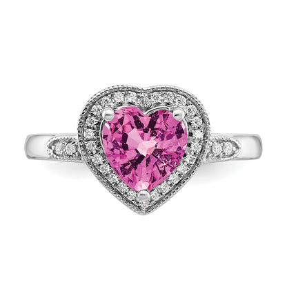 14k White Gold 7mm Heart Lab-Created Pink Sapphire and 1/8 carat Diamond Halo Ring