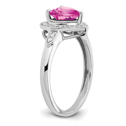 14k White Gold 7mm Heart Lab-Created Pink Sapphire and 1/8 carat Diamond Halo Ring