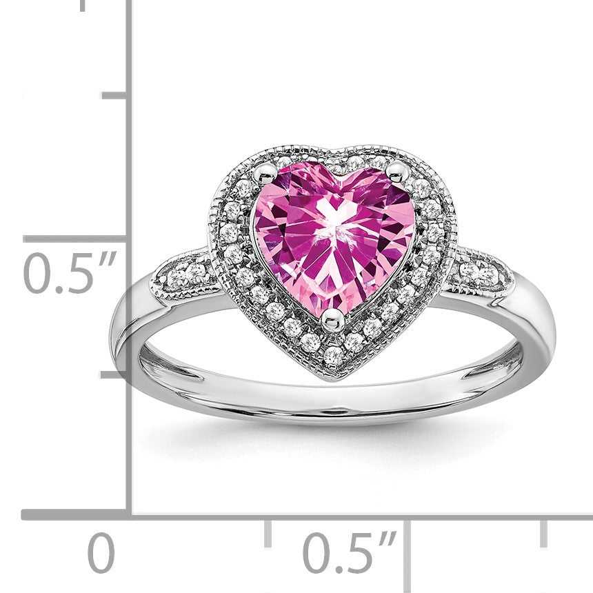 14k White Gold 7mm Heart Lab-Created Pink Sapphire and 1/8 carat Diamond Halo Ring