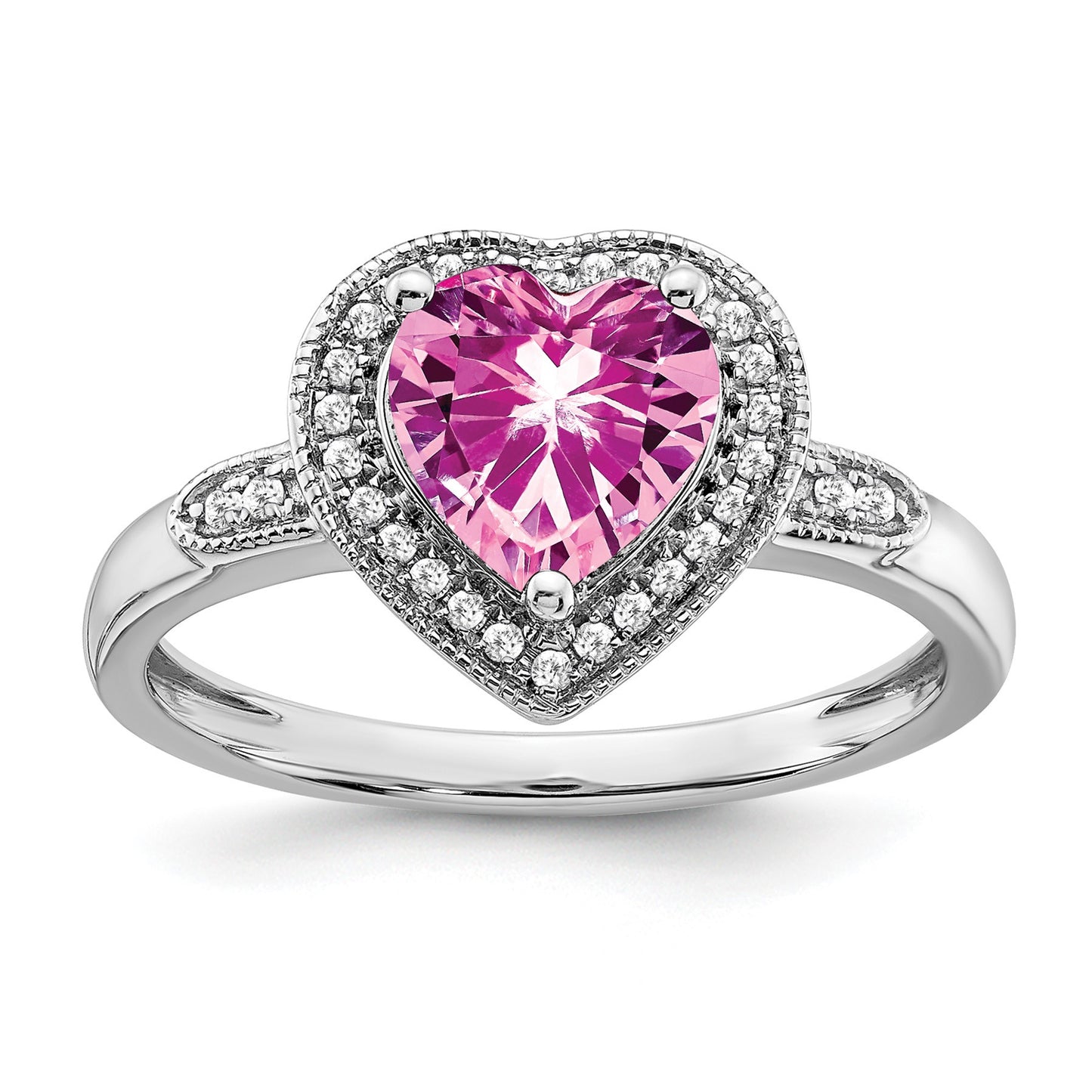 14k White Gold 7mm Heart Lab-Created Pink Sapphire and 1/8 carat Diamond Halo Ring