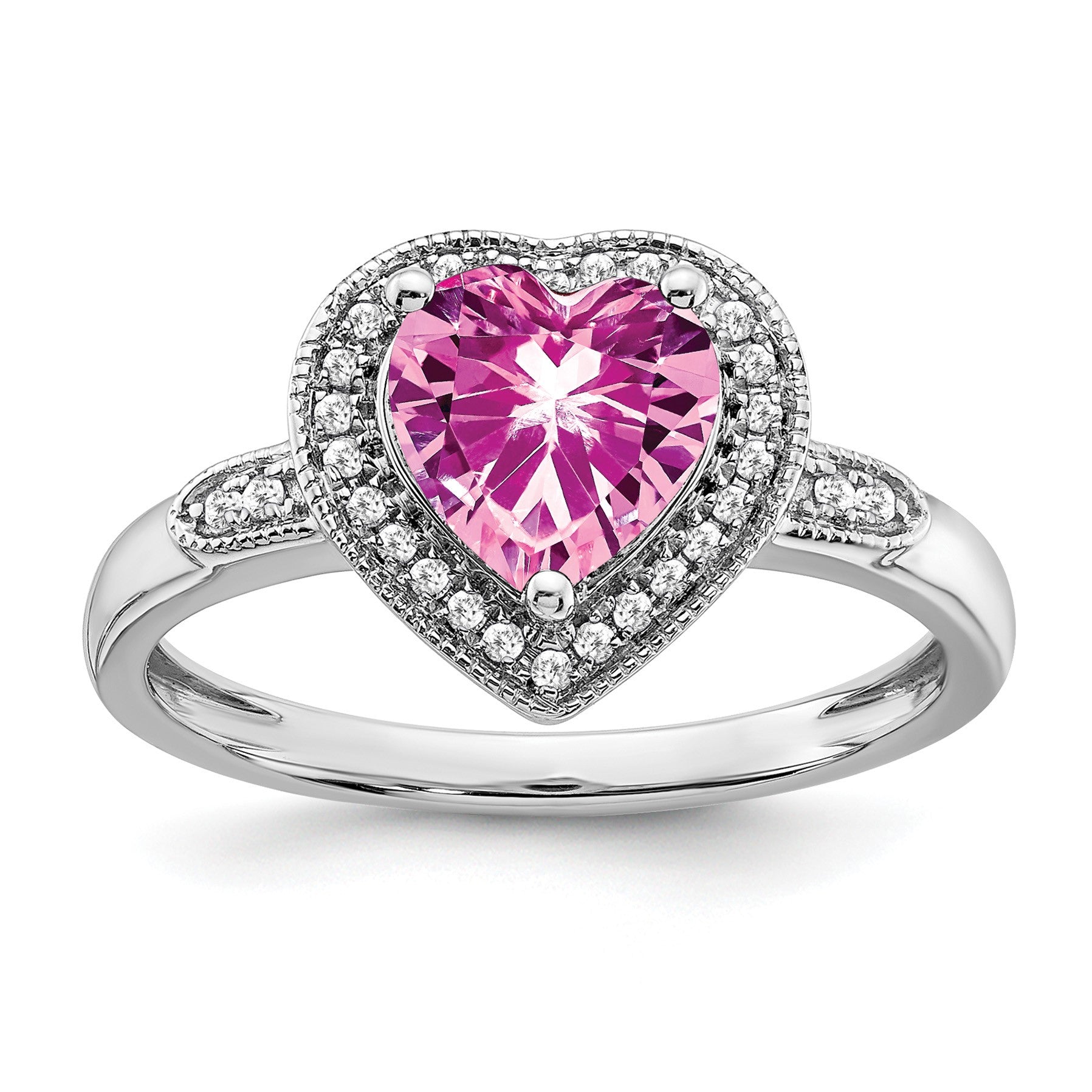 14k White Gold 7mm Heart Lab-Created Pink Sapphire and 1/8 carat Diamond Halo Ring