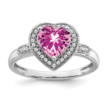 14k White Gold 7mm Heart Lab-Created Pink Sapphire and 1/8 carat Diamond Halo Ring