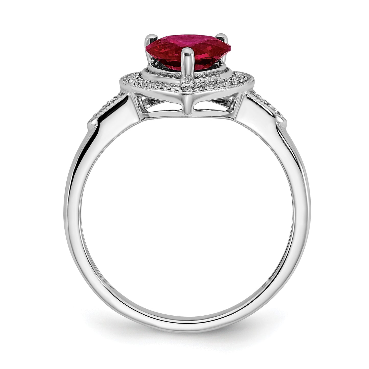 14k White Gold 7mm Heart Lab-Created Ruby and 1/8 carat Diamond Halo Ring