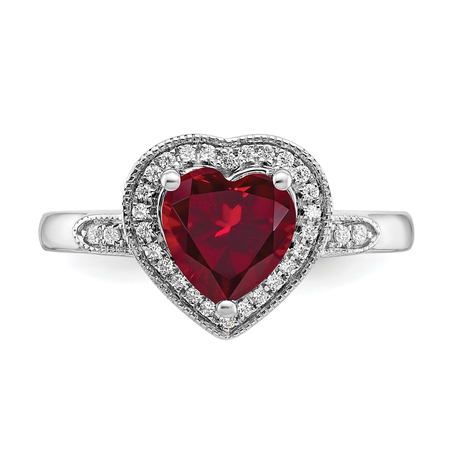 14k White Gold 7mm Heart Lab-Created Ruby and 1/8 carat Diamond Halo Ring