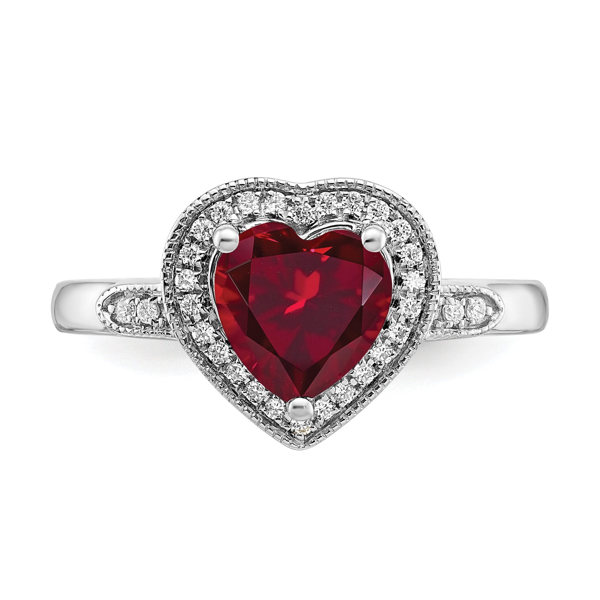 14k White Gold 7mm Heart Lab-Created Ruby and 1/8 carat Diamond Halo Ring