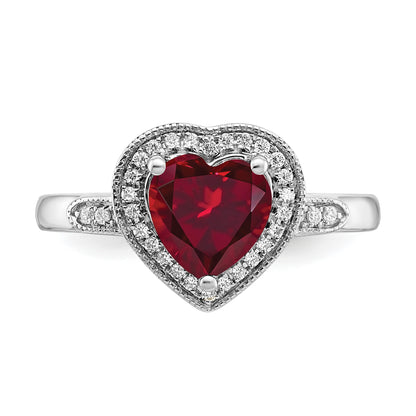 14k White Gold 7mm Heart Lab-Created Ruby and 1/8 carat Diamond Halo Ring