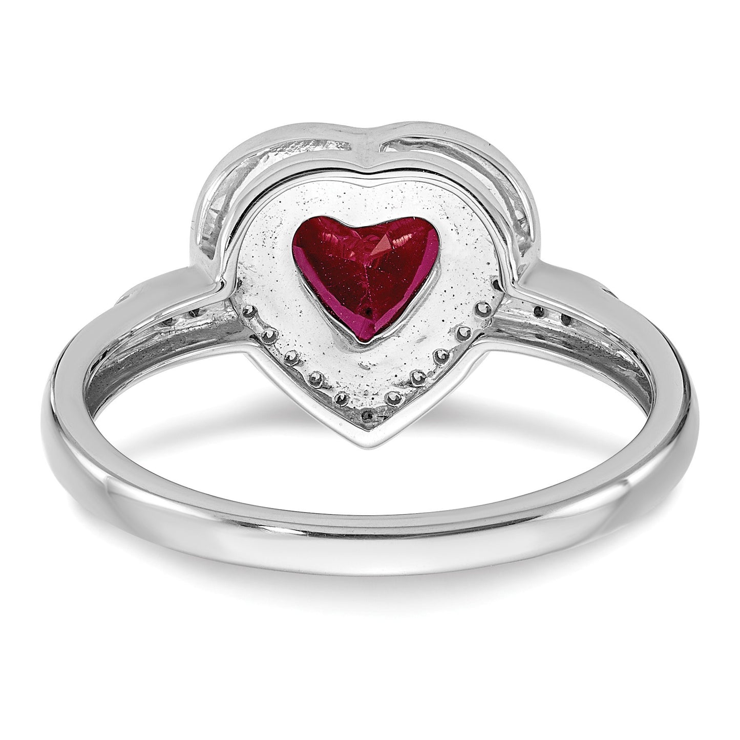 14k White Gold 7mm Heart Lab-Created Ruby and 1/8 carat Diamond Halo Ring