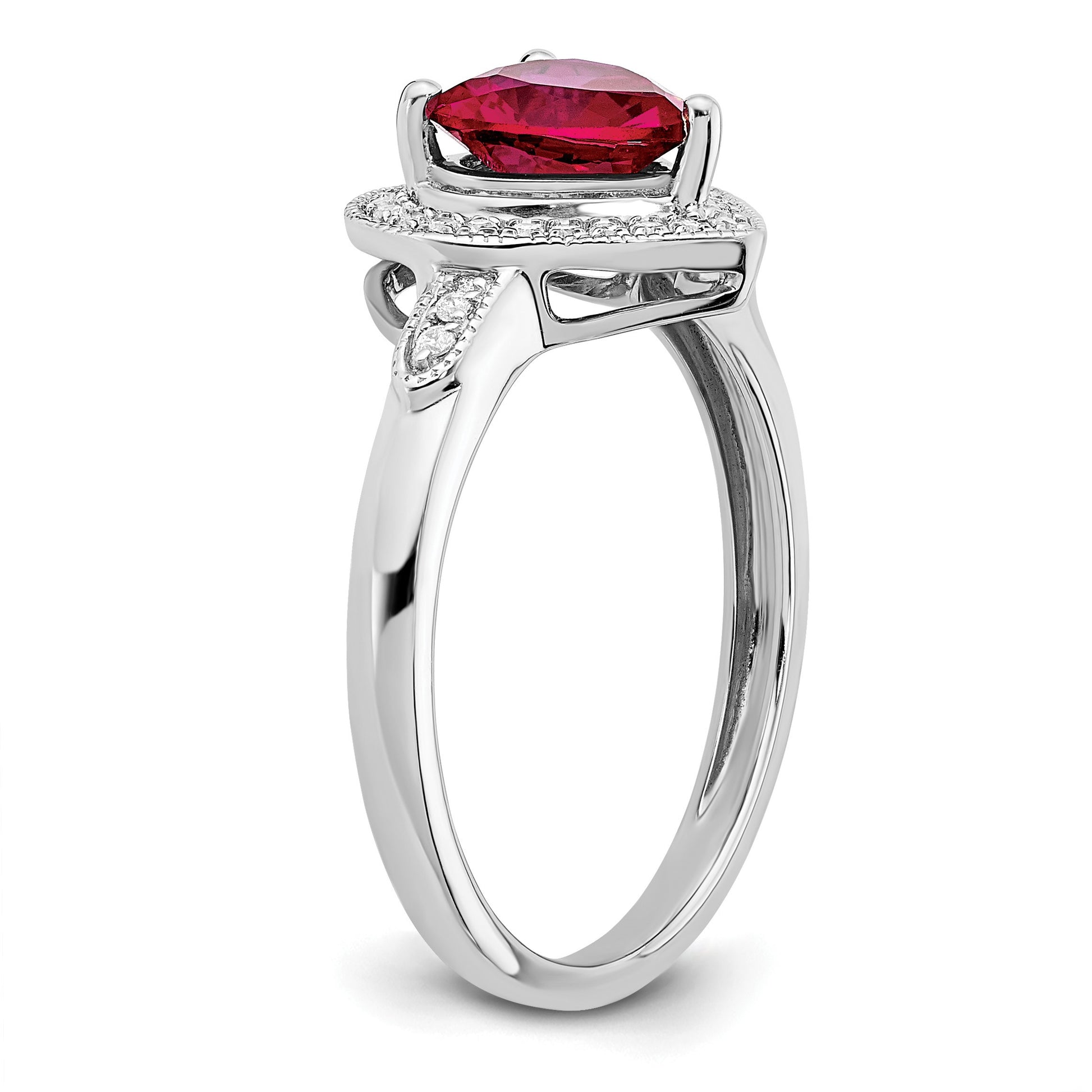 14k White Gold 7mm Heart Lab-Created Ruby and 1/8 carat Diamond Halo Ring