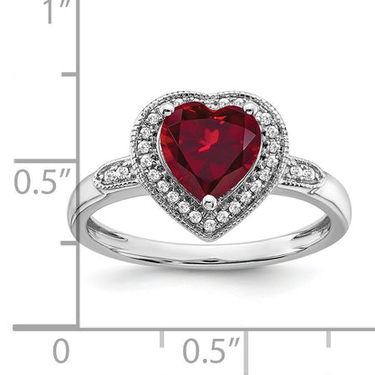 14k White Gold 7mm Heart Lab-Created Ruby and 1/8 carat Diamond Halo Ring