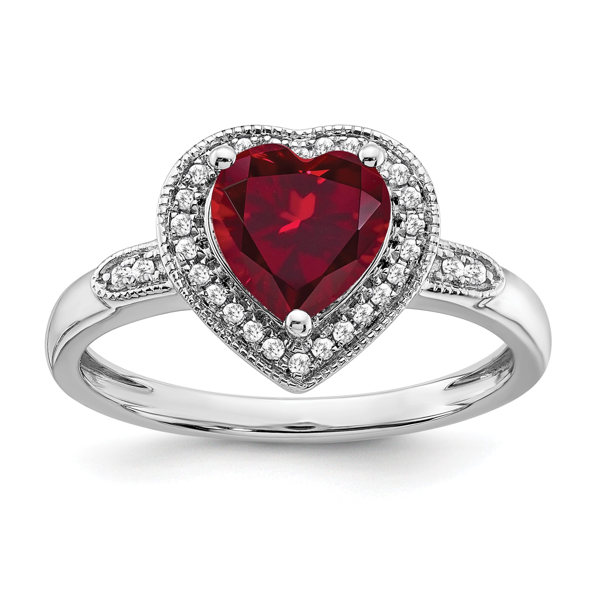 14k White Gold 7mm Heart Lab-Created Ruby and 1/8 carat Diamond Halo Ring