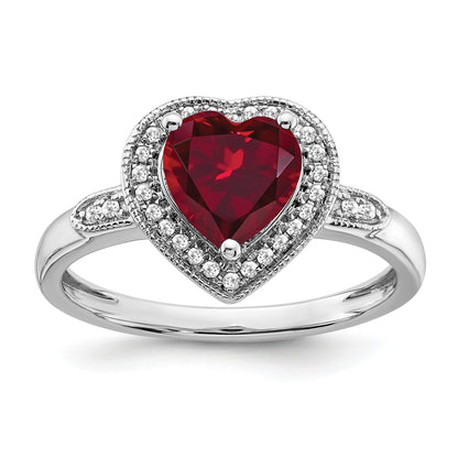 14k White Gold 7mm Heart Lab-Created Ruby and 1/8 carat Diamond Halo Ring