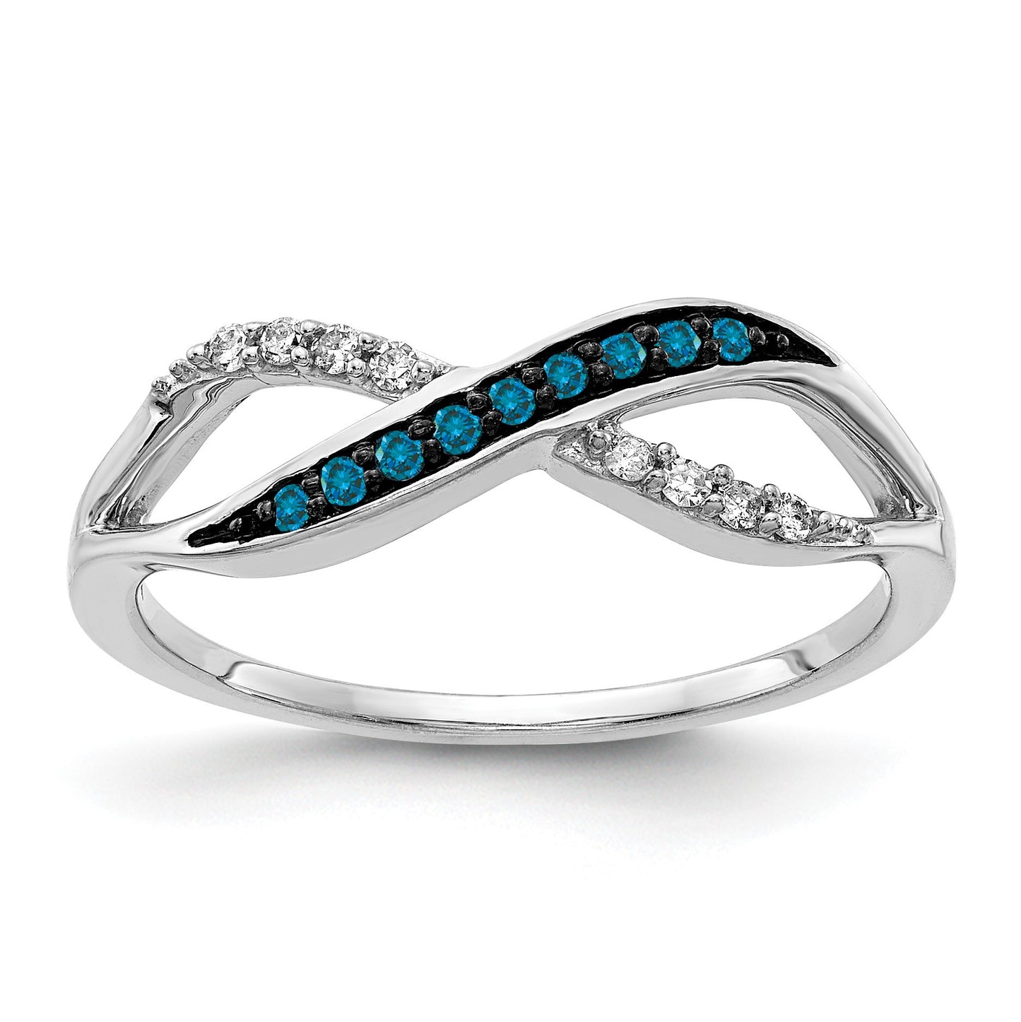 14k White Gold with Black Rhodium 1/8 carat Blue and White Diamond Crisscross Ring