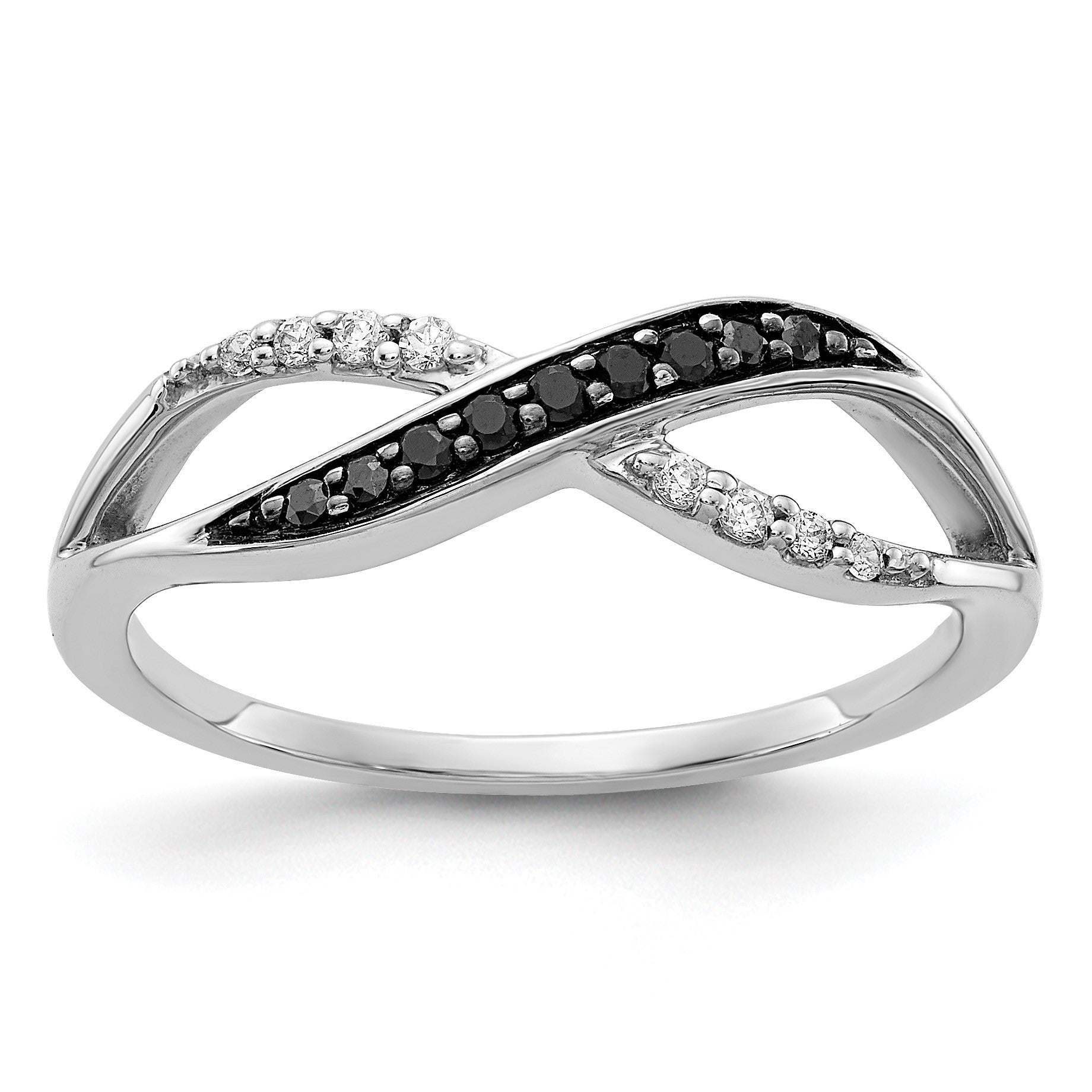14k White Gold with Black Rhodium 1/8 carat Black and White Diamond Crisscross Ring