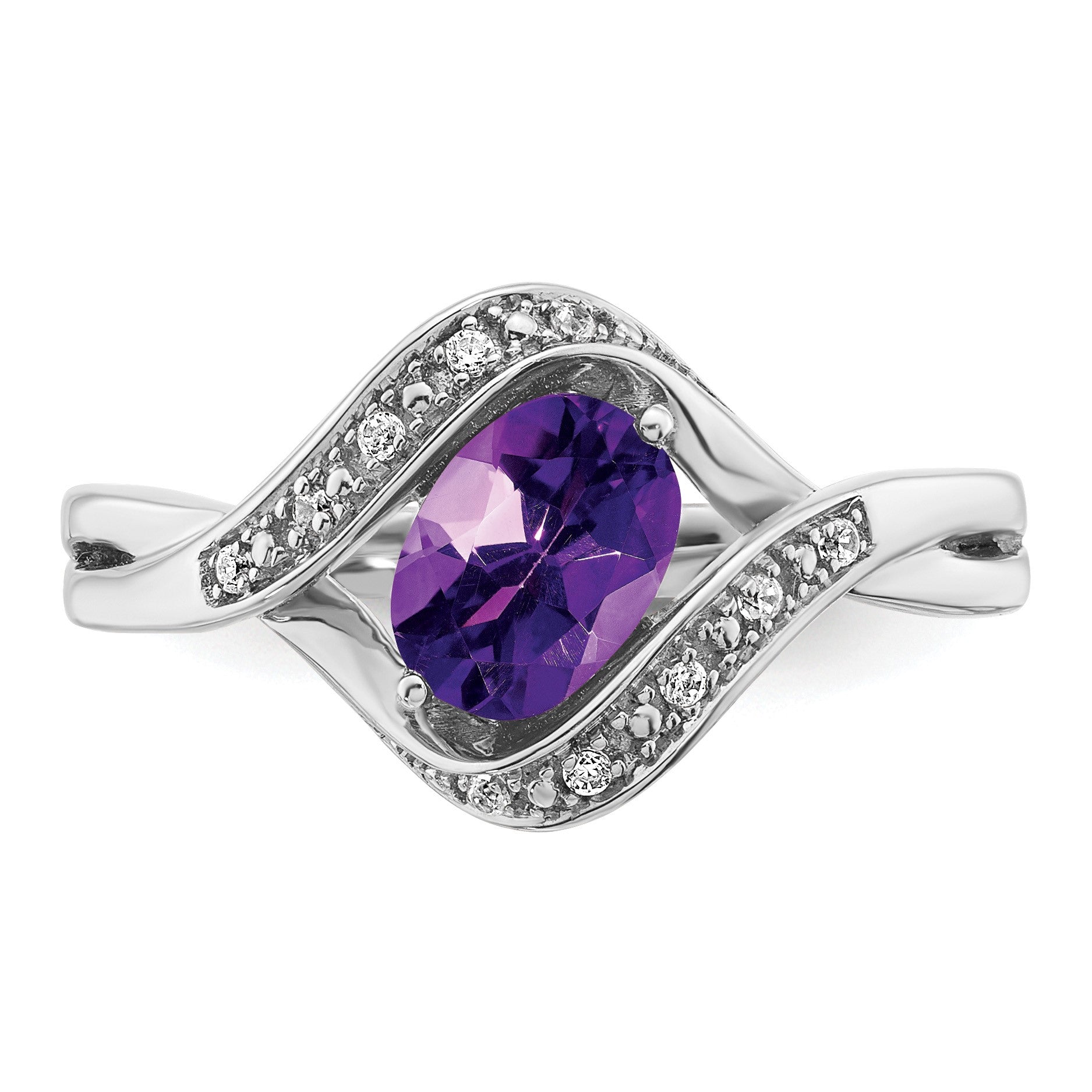 14k White Gold 7x5mm Oval Amethyst and 1/20 carat Diamond Ring