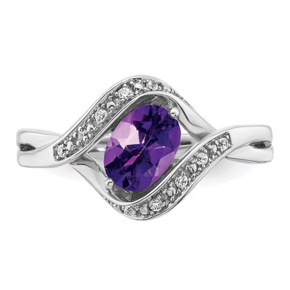 14k White Gold 7x5mm Oval Amethyst and 1/20 carat Diamond Ring