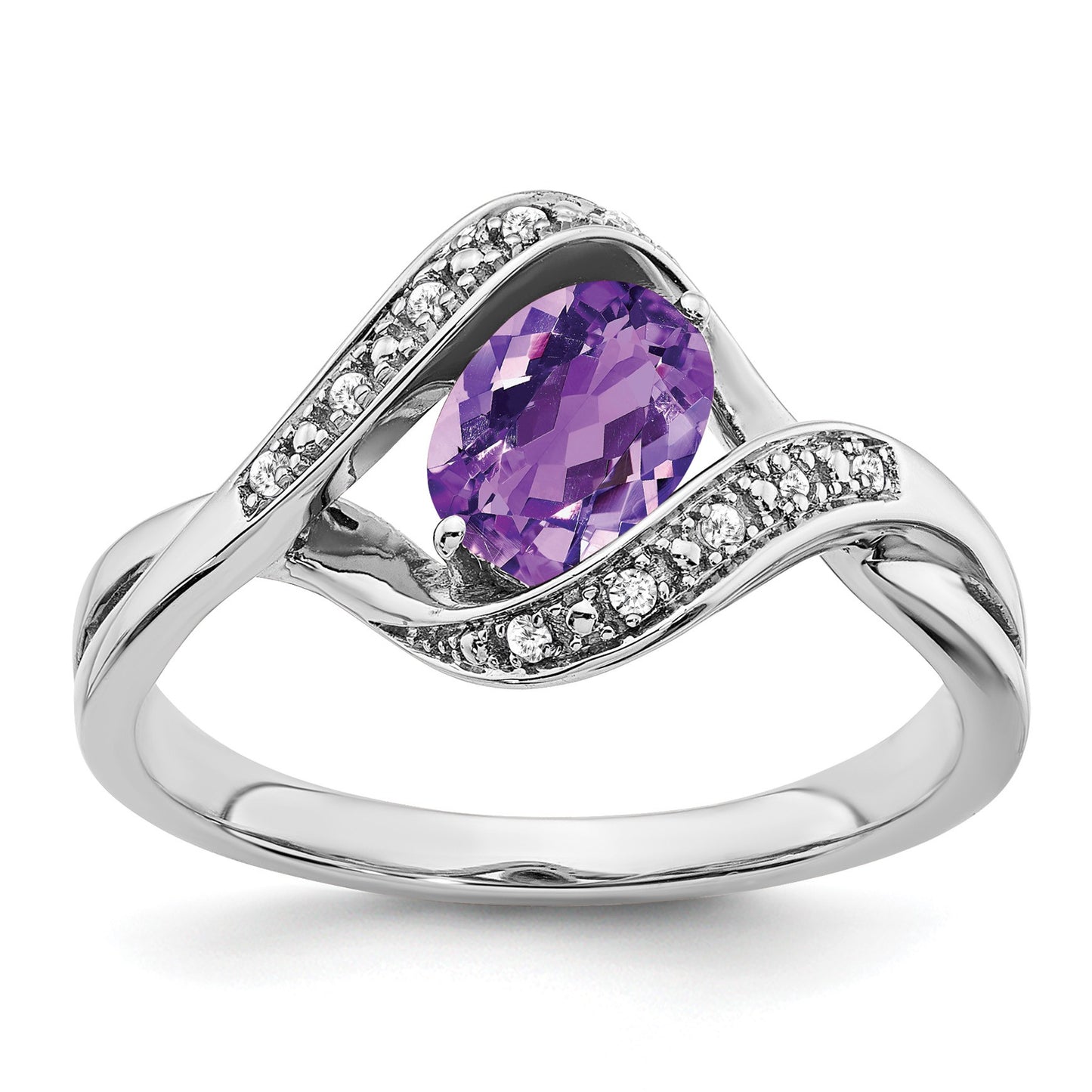 14k White Gold 7x5mm Oval Amethyst and 1/20 carat Diamond Ring