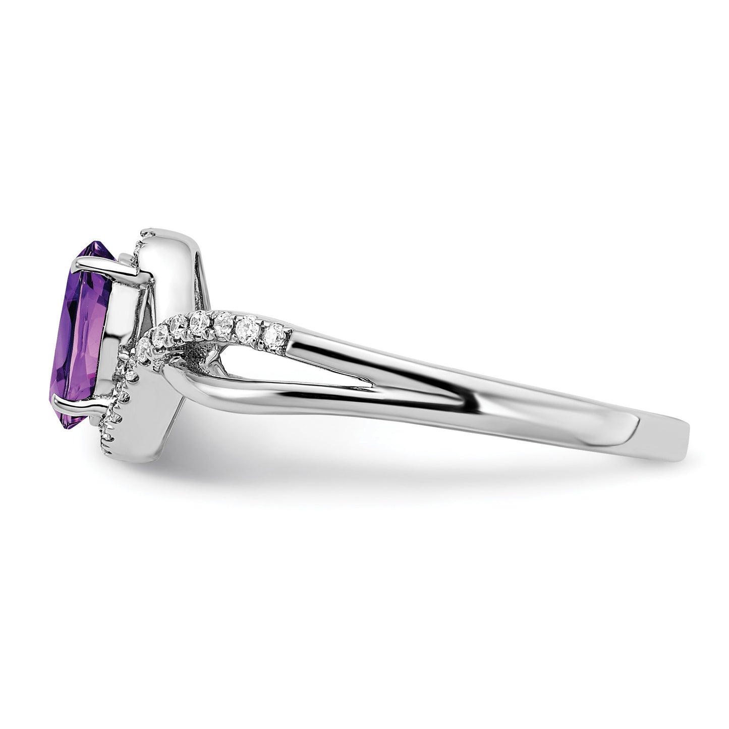 14k White Gold 7x5mm Oval Amethyst and 1/10 carat Diamond Twist Ring
